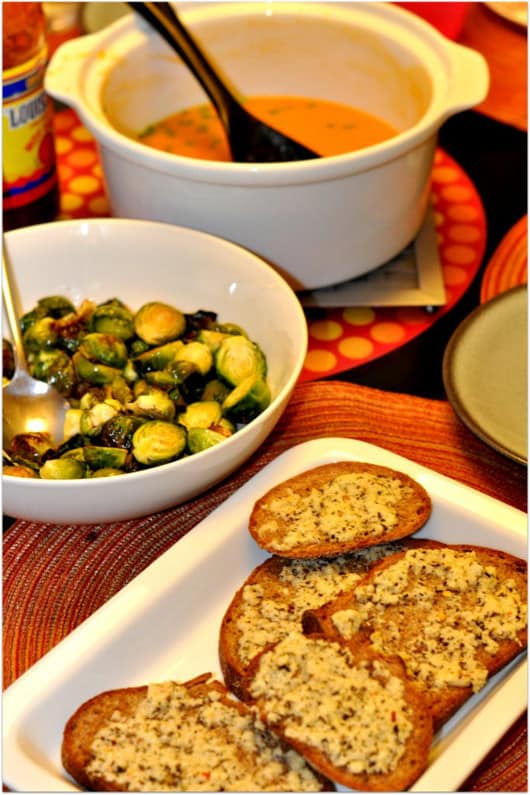 Sweet Potatoe Soup, Brussels Sprouts and No Garlic Garlic Bread