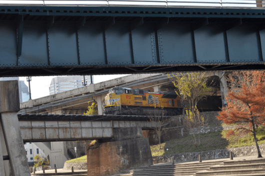 Train over Buffalo Bayou in Downtown Houston