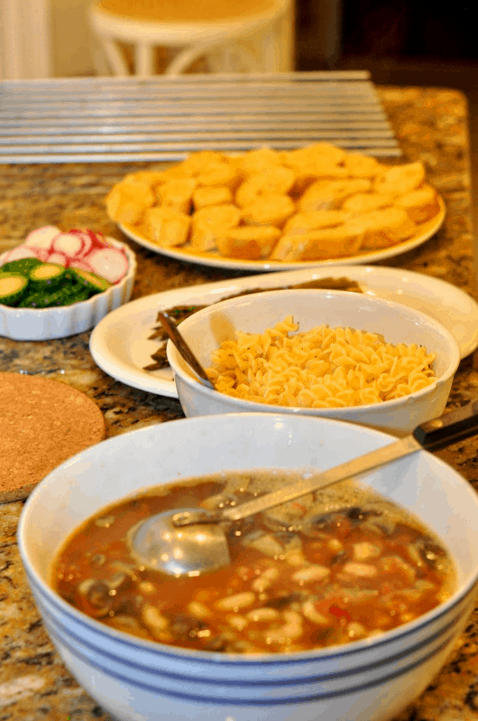 Soup Noodles Vegges and Bread for Dinner