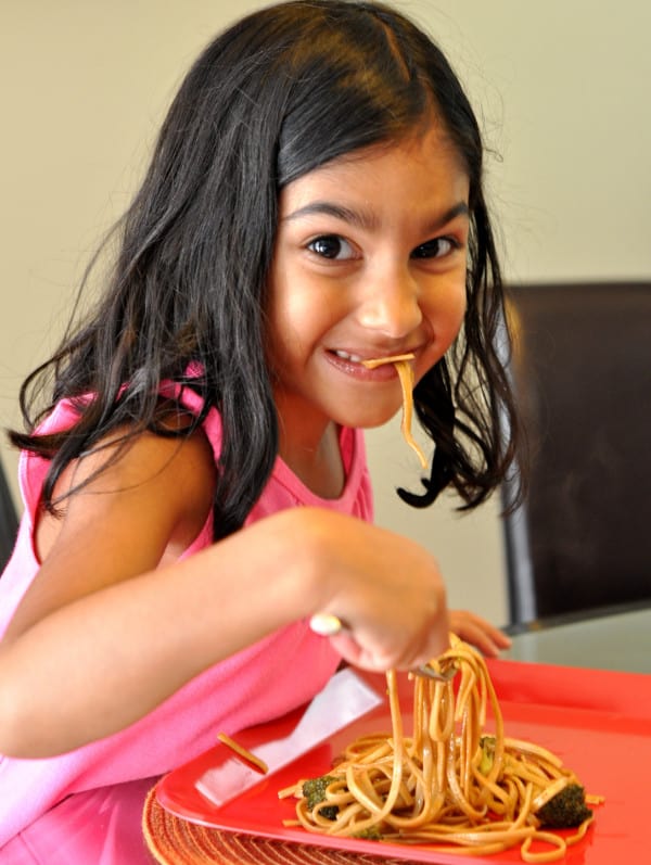 Kids eating lo mein