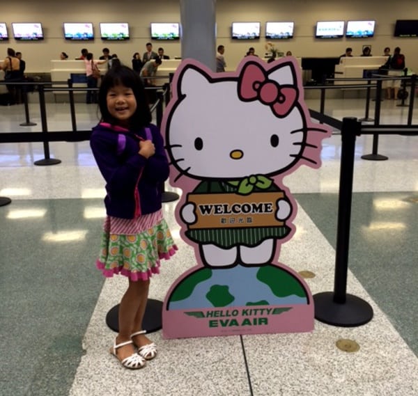 Checking in the EVA Hello Kitty counter at IAH Houston Airport BigKidSmallCity