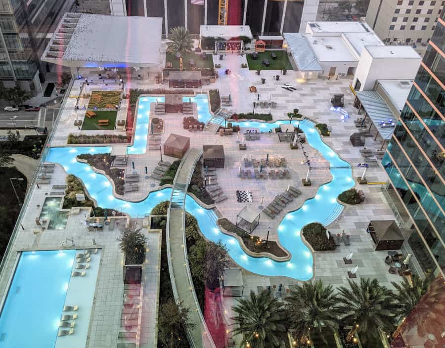 Look at the Marriott Marquis Houston! This is the downtown Houston hotel with the iconic Texas-shaped rooftop lazy river