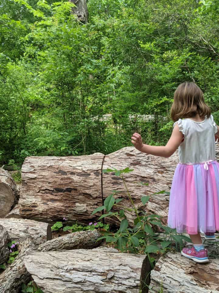 Walking on logs at Nature Discovery Center Houston