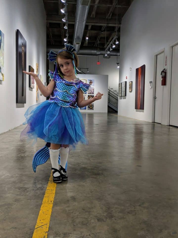 Little girl in mermaid costume at Spring Street Studios Houston